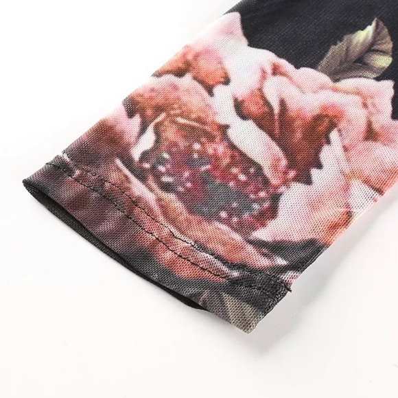 Silky Soft Floral Sheer Mesh Long Sleeve Top Black & Pink - Picture 9 of 12